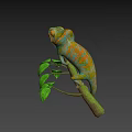 Vibrant Colorful Chameleon Game Movie Character on Branch with Green Leaves