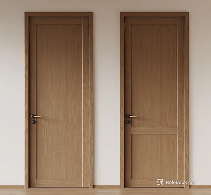 Two Brown Wood Grain Hinged Doors With Golden Handles On White Walls 3d model 