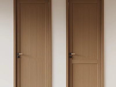 Two Brown Wood Grain Hinged Doors With Golden Handles On White Walls 3d model