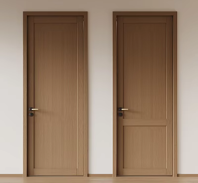 Two Brown Wood Grain Hinged Doors With Golden Handles On White Walls 3d model