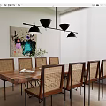 Modern Dining Table Set With Wooden Top Rattan Chairs Black Pendant Lights Artwork And Curtains