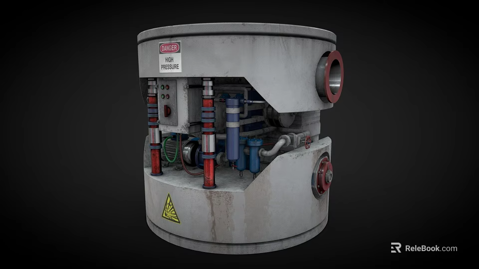 Industrial Cylindrical Equipment Featuring Pipes Valves Pressure Gauges and Warning Signs 3d model 
