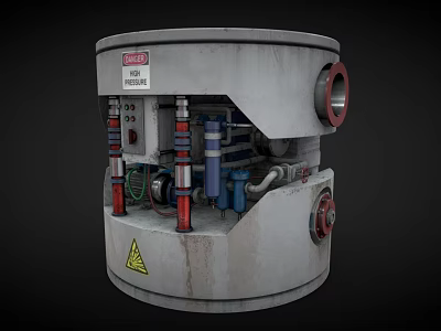 Industrial Cylindrical Equipment Featuring Pipes Valves Pressure Gauges and Warning Signs 3d model