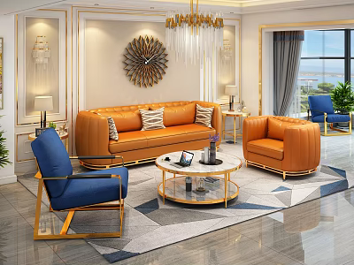 Modern Luxury Living Room With Bright Orange Leather Sofas And Elegant Golden Decor Elements 3d model