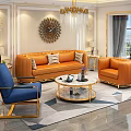 Modern Luxury Living Room With Bright Orange Leather Sofas And Elegant Golden Decor Elements