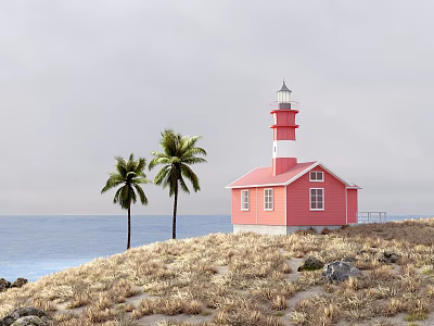 Pink Detached Villa by the Seaside with Two Palm Trees and Red Lighthouse Near Ocean 3d model