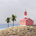 Pink Detached Villa by the Seaside with Two Palm Trees and Red Lighthouse Near Ocean