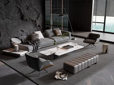 Modern Living Room Sofa And Coffee Table Set With Gray Sofa Marble Table Chairs And Ottoman 3d model