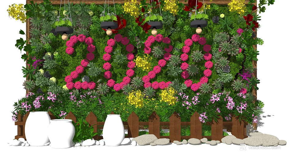 Decorative Green Plant Wall Featuring Pink 2020 Flowers Yellow Red Blooms Wooden Fence White Planters 3d model 
