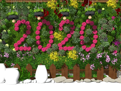 Decorative Green Plant Wall Featuring Pink 2020 Flowers Yellow Red Blooms Wooden Fence White Planters 3d model