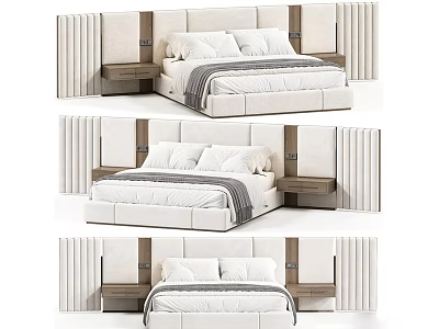 Modern Background Double Bed Interior With Light Colored Headboard And Wooden Nightstands 3d model