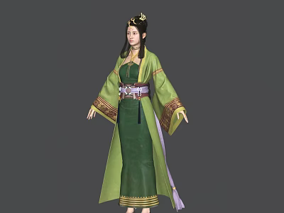 Ancient Costume Female Character Wearing Green Robe With Flowing Sleeves Ornate Belt And Headdress 3d model