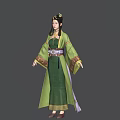 Ancient Costume Female Character Wearing Green Robe With Flowing Sleeves Ornate Belt And Headdress