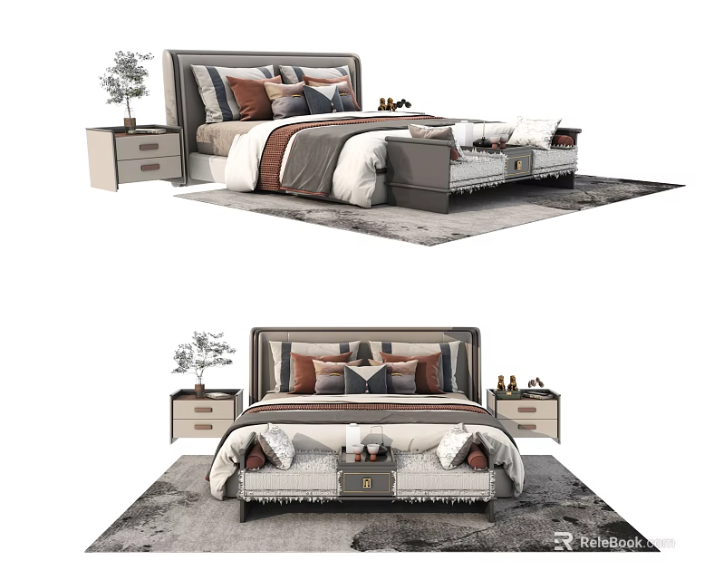 Modern Double Bed With Decorative Pillows Bedspread And Bedside Tables On Rug 3d model