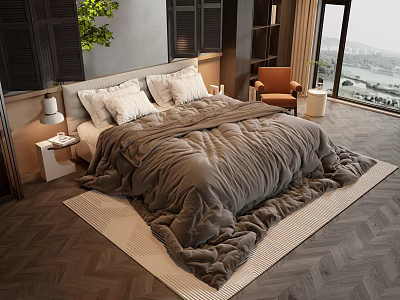 Cozy Double Bed with Gray Comforter White Pillows and Accent Chair in Modern Bedroom 3d model