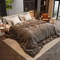 Cozy Double Bed with Gray Comforter White Pillows and Accent Chair in Modern Bedroom