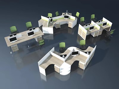 Modern Office Furniture 3D Model With L Shaped Linear Desks Green Chairs And Circular Arrangement 3d model