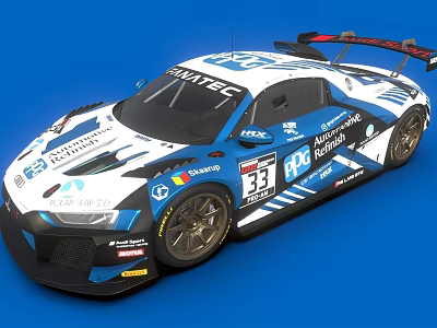 Audi R8 LMS Race Car With Blue White Livery And Sponsor Logos Number 33 3d model