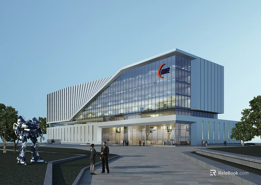 Modern Office Building Featuring Glass Facade Unique Architectural Style And Entrance With People Walking 3d model 