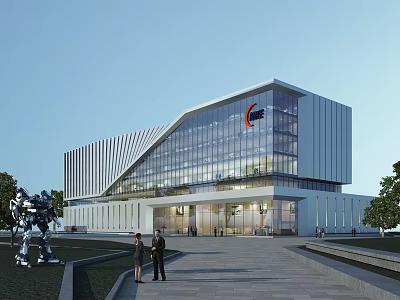 Modern Office Building Featuring Glass Facade Unique Architectural Style And Entrance With People Walking 3d model