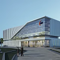 Modern Office Building Featuring Glass Facade Unique Architectural Style And Entrance With People Walking