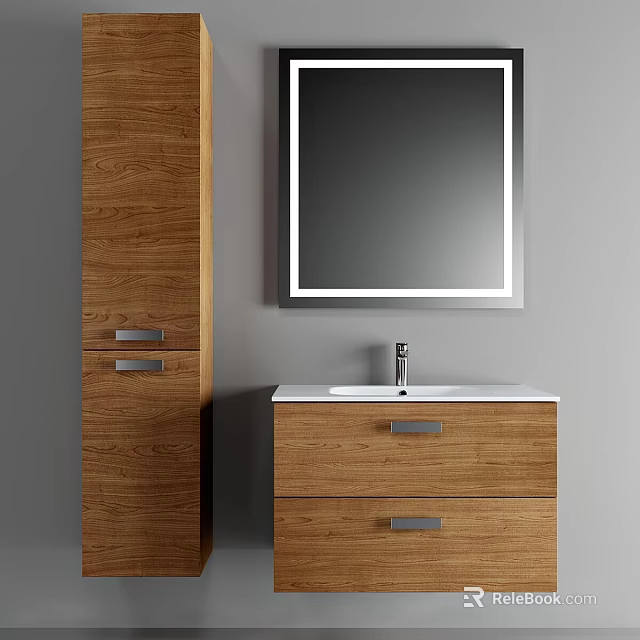 Wooden Bathroom Vanity With White Countertop Large Mirror And Tall Cabinet 3d model 