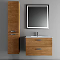 Wooden Bathroom Vanity With White Countertop Large Mirror And Tall Cabinet