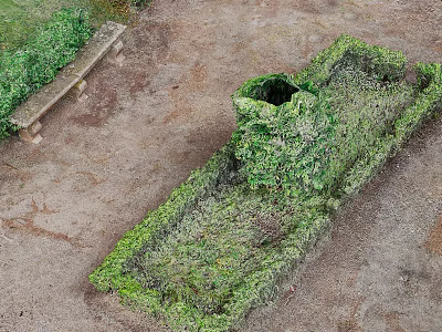 Green Plants Covered Bench And Rectangular Structure On Sandy Soil Ground 3d model