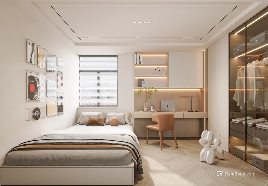 Tatami Bedroom Interior Design With Platform Bed Desk Chair And Built in Shelves 3d model 