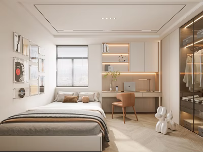 Tatami Bedroom Interior Design With Platform Bed Desk Chair And Built in Shelves 3d model