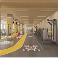 Spacious Modern Gym Interior With Treadmills Fitness Equipment And Wooden Walls
