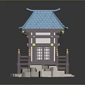 Cartoon Scene Featuring Blue Roof Pavilion With Wooden Bridge And White Stone Steps