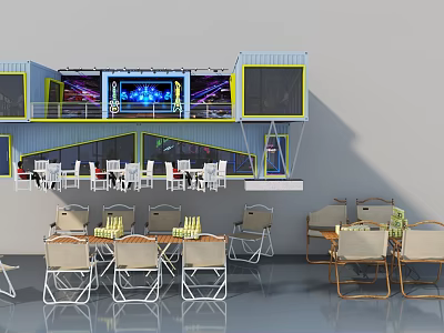 Modern Swing Door In Blue Yellow Container Building With Outdoor Seating Area 3d model