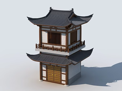 Traditional Chinese Two Story Ancient Building With Tiled Roof Overhanging Eaves And Golden Door 3d model