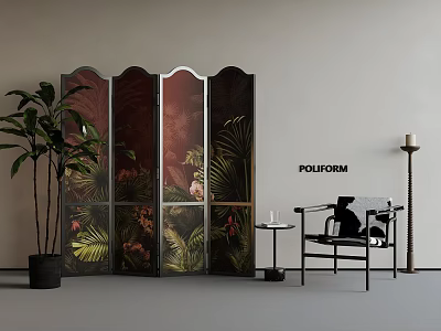 Tropical Themed Room Divider Screen With Large Plant Accent Chair And Floor Lamp 3d model