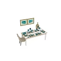 Elegant Dining Table And Chairs With Blue Tableware Beige Upholstered Seats And Decorative Metal Frame