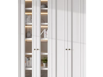White Modern Bookcase With Glass Doors Built-in Lighting Books And Green Plant 3d model