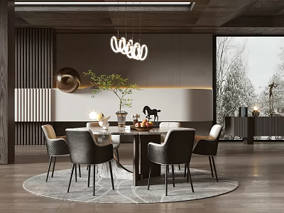 Modern Dining Room Interior With Dining Table Chairs Hanging Lighting Plant And Snowy Window View 3d model
