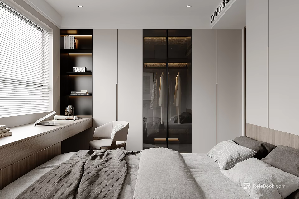 Modern Minimalist Bedroom With Glass Door Wardrobe Desk Chair And Gray Bedding 3d model 