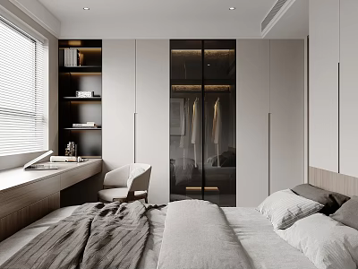 Modern Minimalist Bedroom With Glass Door Wardrobe Desk Chair And Gray Bedding 3d model
