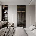 Modern Minimalist Bedroom With Glass Door Wardrobe Desk Chair And Gray Bedding