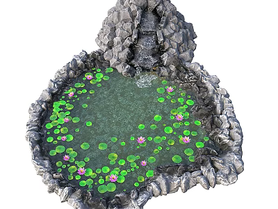 Garden Landscape Featuring Circular Pond With Lily Pads Pink Lotus Flowers Stone Edges And Waterfall 3d model