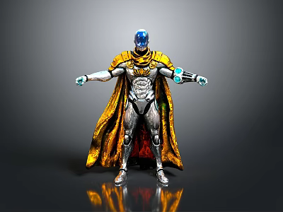 Futuristic Sci Fi Character With Blue Head Silver Armor Yellow Cape And Blue Energy Orbs 3d model