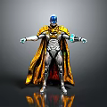 Futuristic Sci Fi Character With Blue Head Silver Armor Yellow Cape And Blue Energy Orbs