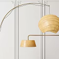 Modern Arching Floor Lamp With Beige Shade And Pendant Light By Striped Wall