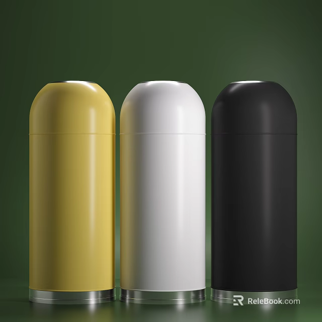 Three Colored Cylindrical Containers Against Green Background 3d model 