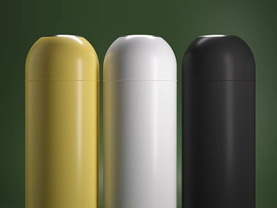 Three Colored Cylindrical Containers Against Green Background 3d model
