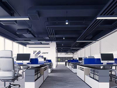 Modern Public Office Space Interior With Open Layout Desks Chairs And Computer Monitors 3d model