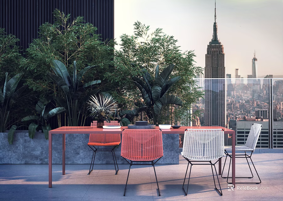 Red Outdoor Table With Chairs And Green Plants On City Skyline Terrace 3d model 