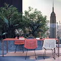 Red Outdoor Table With Chairs And Green Plants On City Skyline Terrace